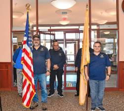 The flags are brought into the Hardyston municipal building for the Veterans Day Ceremony on Saturday, Nov. 9. (Photos by Maria Kovic)