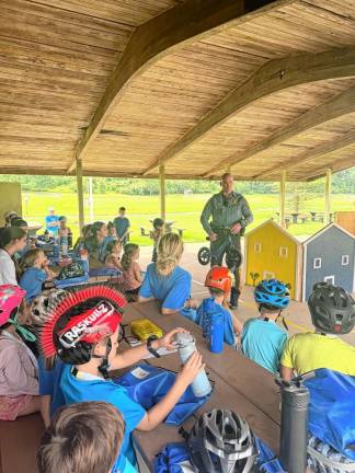 Hardyston Police Sgt. Alan Carbery teaches bike safety during Hardyston’s Safety Town program.