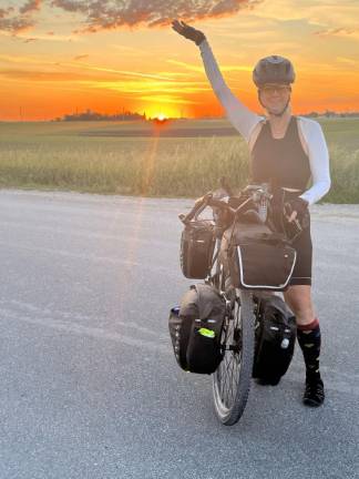 Suzanne Williamson with her bike in Huxley, Iowa. She is riding across the country. (Photos courtesy of Suzanne Williamson)