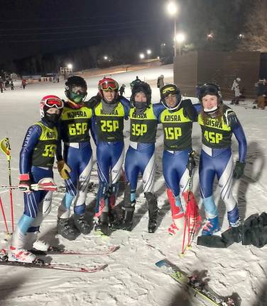 Sparta Boys Varsity Ski Team, Jan. 25 race (from left): David Baker, George Flint, Drew Young, James Kressman, Captain Kanna Pasunuri, and Ben Dykstra. (Photo by Maureen Dykstra)