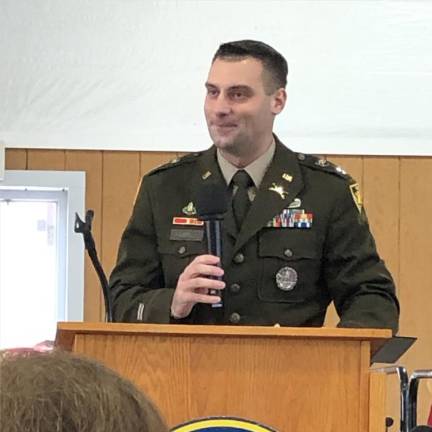 U.S. Army Capt. Robert ‘Bo’ Farrell of Hamburg speaks during a ceremony in the Richards Building at the fairgrounds.