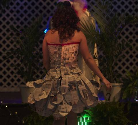 Danielle Miserendino of Lafayette with her newspaper dress at Sussex Tech Fashion Show.