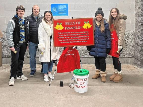 From left, Daniel, Steve, Kelly, Christine and Nicole DeFinis collect money for the Bells of Franklin, an ecumenical charity for residents in need. To donate, send checks payable to Hardyston Historical (write “for Bells” and your email on memo line) and mail to First Presbyterian Church, 11-13 Main St., Franklin, NJ 07416. (Photo provided)