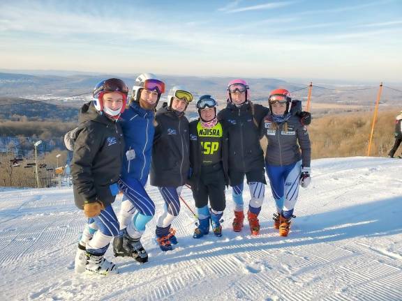 Sparta Girls Varsity Ski Team, Jan. 27 race (from left): Catherine Marussich, Julia Mooney, Emma Dyrsten, Madison Campisi, Captain Cora Moriarty, and Aubrey Zimmerman (Photo by Rodney Calafati)