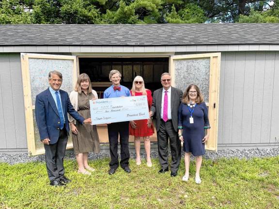 From left are Stan Kula, executive director of the Sussex County Community College Foundation; Mary Franchini, Provident Bank government banking specialist; Jon Connolly, SCCC president; Robin Thomlinson, Provident Bank market sales manager; Keith Niedergall, Provident Bank regional sales manager; and Allison Ognibene, SCCC adjunct professor and theater liaison. (Photo provided)