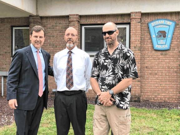 Rep. Tom Kean Jr., left, with Joseph Sabatini, the Byram Township manager, and Mayor Alex Rubenstein, right, after a tour of the Byram police headquarters in August.