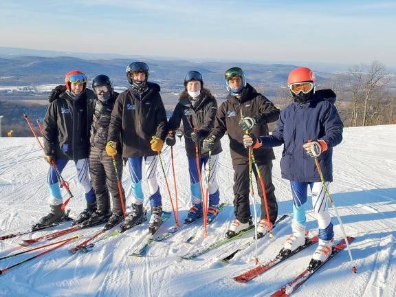 Sparta Boys Varsity Ski Team, Jan. 25 race (from left): Drew Young, James Kressman, George Flint, Ben Dykstra, Captain Kanna Pasunuri, and David Baker (Photo by Rodney Calafati)