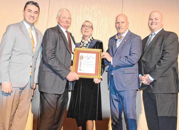 <b>From left are state Assemblyman Michael Inganamort, R-24; Richard and Rosina Byma of Wantage; New Jersey Secretary of Agriculture Edward Wengryn; and Bob Blew, president of the state Board of Agriculture. (Photo provided)</b>