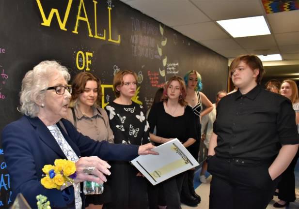 Maude Dahme, left, a Holocaust survivor, speaks at the opening of the Holocaust and Genocide Research Center at Kittatinny Regional High School in 2023.