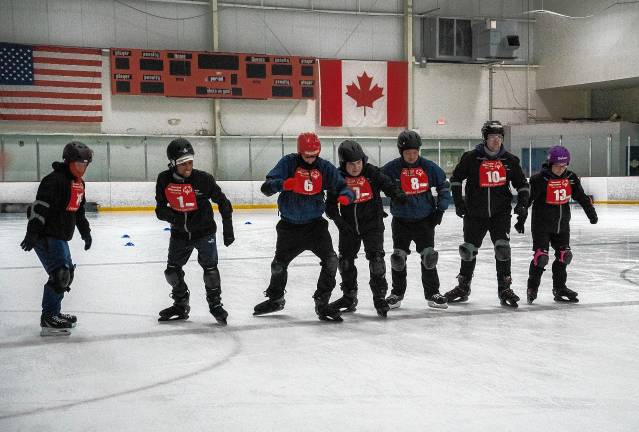 New Jersey Special Olympics speed skaters line up for a 500-meter race Tuesday, Feb. 4 at Skylands Ice World in Stockholm. (Photos by Nancy Madacsi)