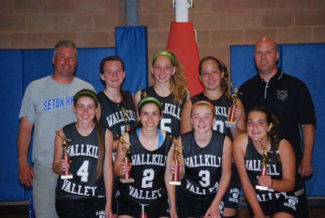 Wallkill Valley High School girls basketball team won the 2014 Spring AAU varsity division at Hoop Heaven. Pictured, from left in front, Ally Lame, Anna Lacalamita, Brielle Hilbert, Morgan Carr.; back row, Coach Jeff Hilbert, Randi Lyn Hornyak, Brittney Todd, and Coach Steve Todd.