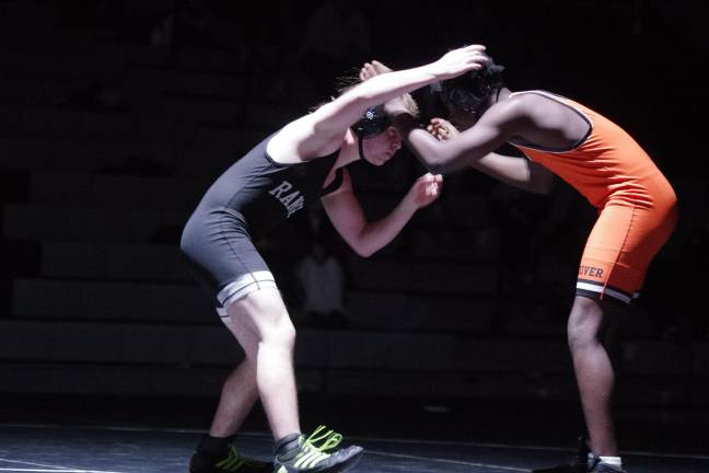 Wallkill Valley's Thomas Bradley, left, faces Dover's Antwan Johnson in the 150-pound category. Bradley won by pin.