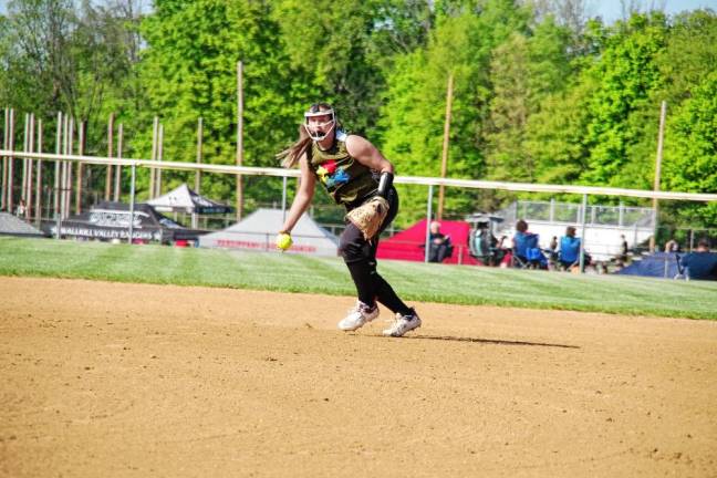 Sussex Tech infielder Skyler Andrejack in action on the diamond. She is credited with two RBI.