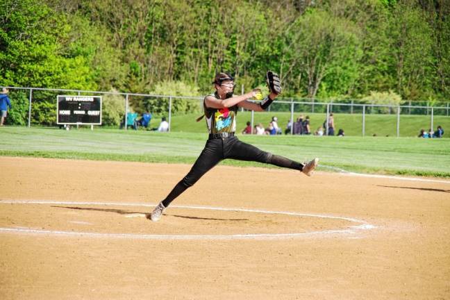 ST4 Sussex Tech pitcher Alexandra Sweetman in motion. She pitched for seven innings.