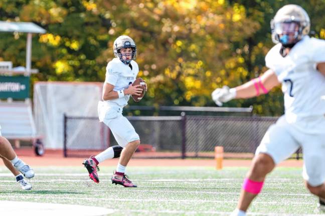 <b>Pope John quarterback Luke Irwin looks downfield at his receiver about to make a cut in to the Delbarton defense. </b>