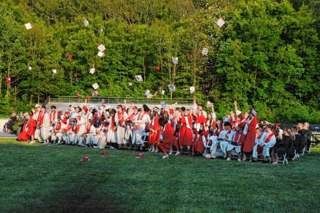 Members of the High Point Regional High School Class of 2024 toss their caps in the air at the end of graduation Monday, June 17. (Photo by Island Photography)