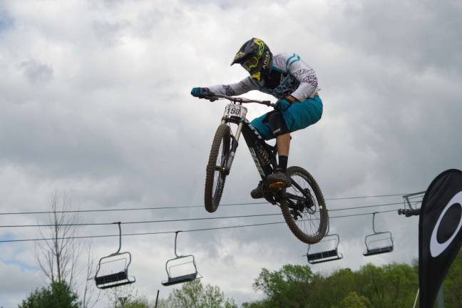 A jump is shown during the 2014 Mountain Creek Spring Classic Mountain Bike Races.