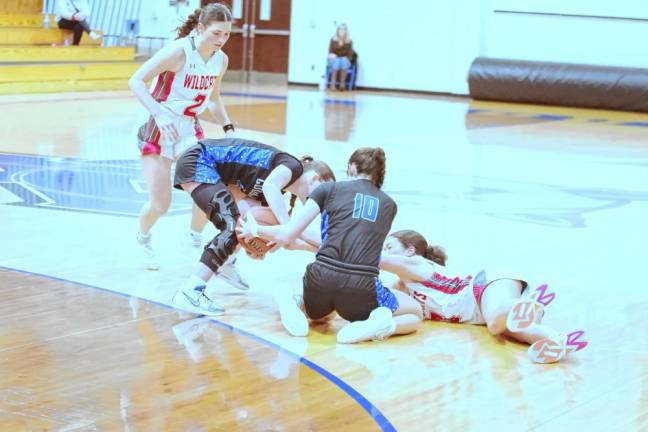 Kittatinny Cougars and High Point Wildcats battle for possession of the ball on the basketball court.