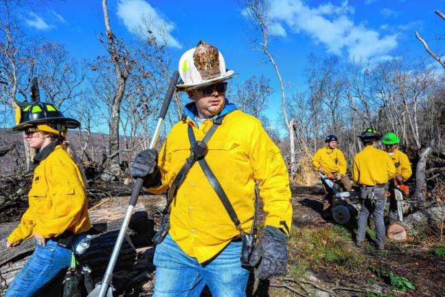 Firefighters battle the Jennings Creek Wildfire in Greenwood Lake on Tuesday, Nov. 12. (Photo by Susan Watts/Office of Governor Kathy Hochul)