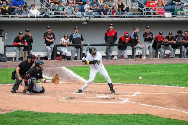 Sussex County Miners batter Jason Agresti waits for the ball in the game against the Tri-City ValleyCats on Saturday, June 29. He scored his team's only run in the game. The Miners lost, 13-1. (Photos by George Leroy Hunter)