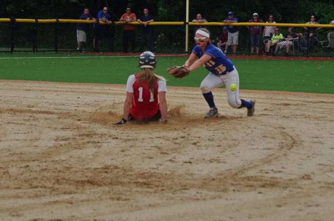 High Point's Allyson Frei slides safe to second base as the ball pops out of Lyndhurst's Grace Tomko's glove.