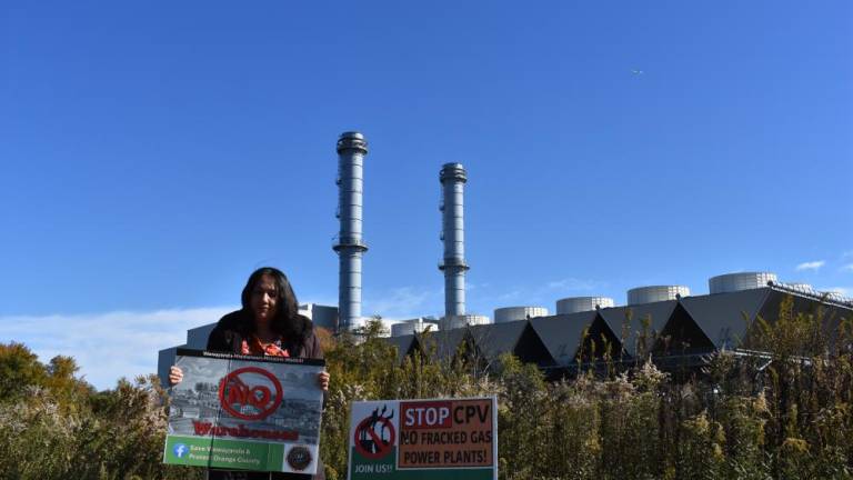 Pramilla Malick of Protect Orange County outside the CPV Valley Energy Center in Wawayanda, N.Y., across the street from a proposed warehouse, in October. ‘We’re on an irreversible trajectory if we don’t stop these projects.’