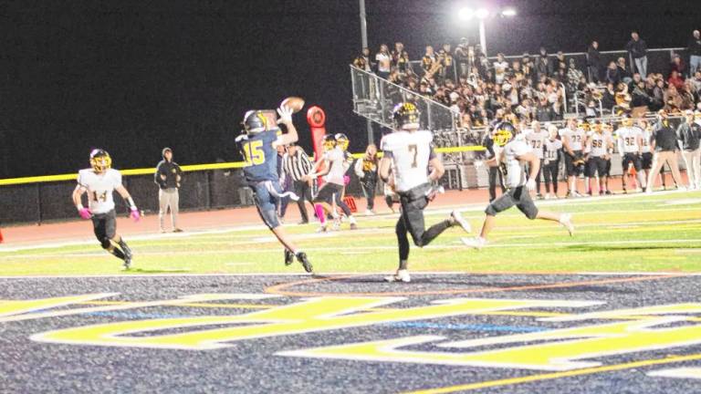 <b>FT1 A 15-yard touchdown reception by wideout Dean Grundy (15) gives Vernon a 14-0 lead over West Milford in the second quarter. The Vikings won, 21-0, at home Friday, Oct. 25. (Photos by George Leroy Hunter)</b>